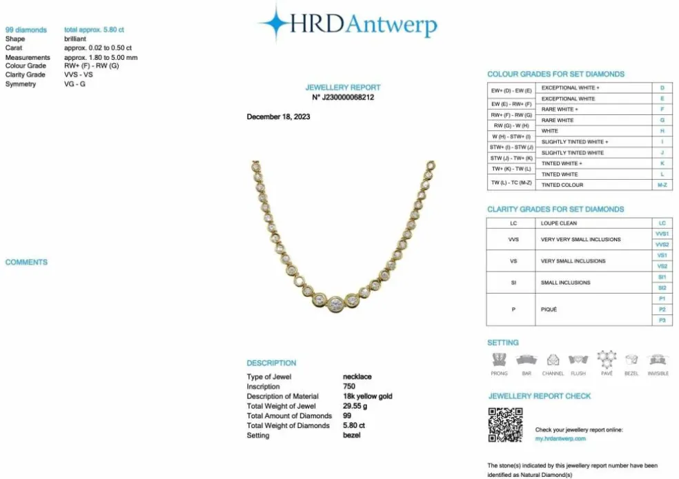 Collier or jaune et 99 diamants certificat HRD