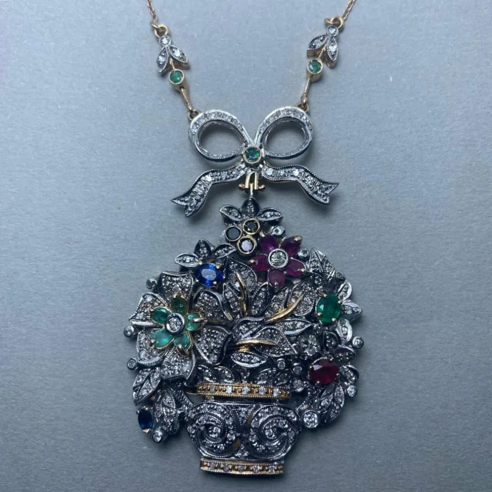 Collier or jaune et argent diamants