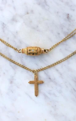 Collier Or Jaune Fermoir Barillet Emaillé et Croix