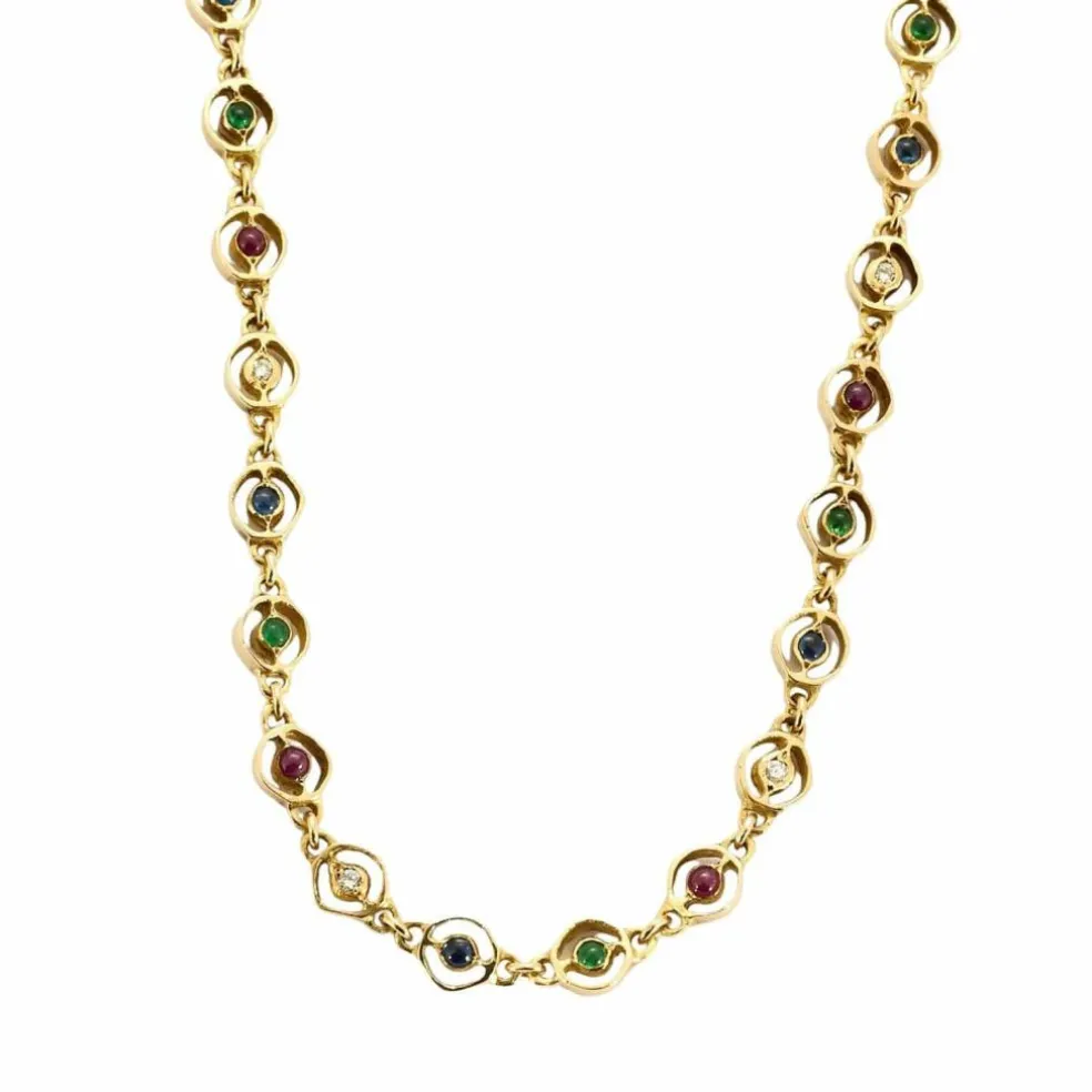 Collier or jaune, saphir, émeraudes et rubis