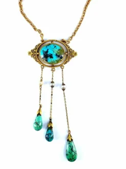 Collier or jaune turquoises et perles fines, époque 1900