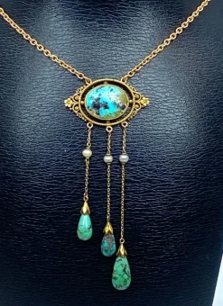 Collier or jaune turquoises et perles fines, époque 1900