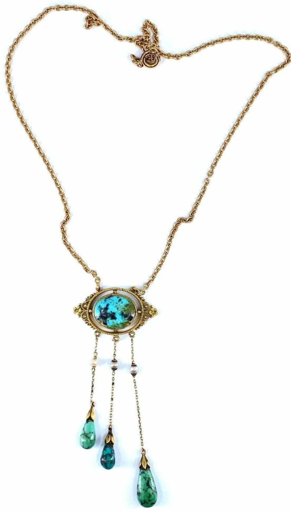 Collier or jaune turquoises et perles fines, époque 1900