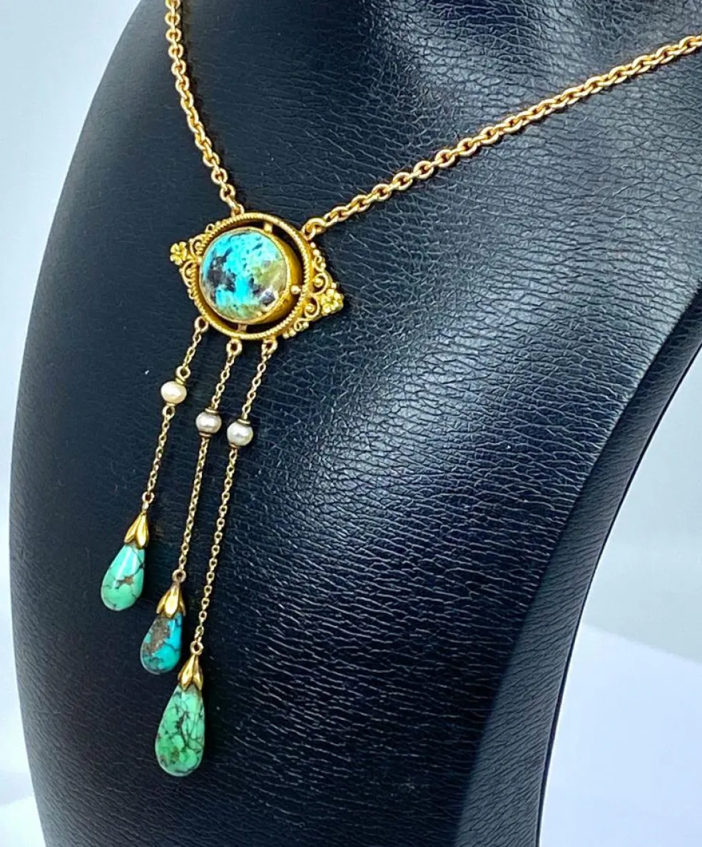 Collier or jaune turquoises et perles fines, époque 1900