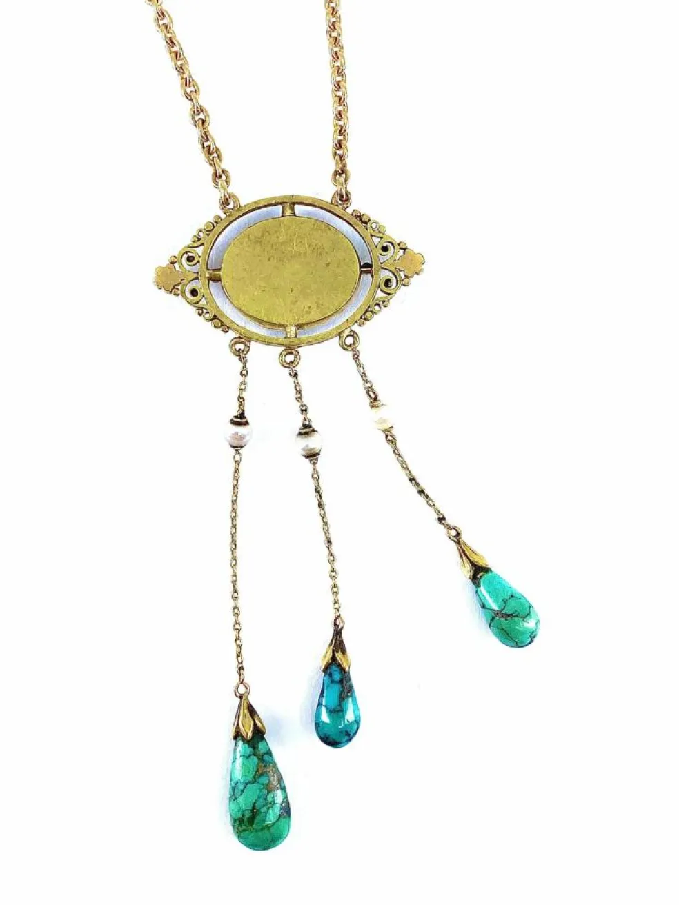 Collier or jaune turquoises et perles fines, époque 1900