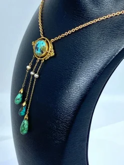 Collier or jaune turquoises et perles fines, époque 1900