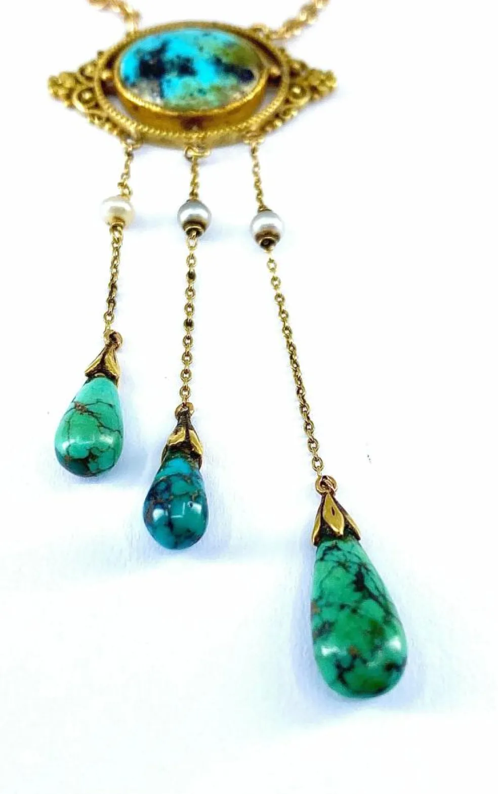 Collier or jaune turquoises et perles fines, époque 1900