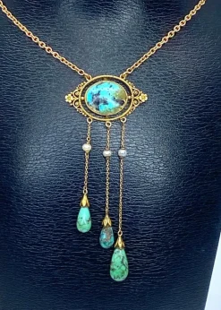 Collier or jaune turquoises et perles fines, époque 1900