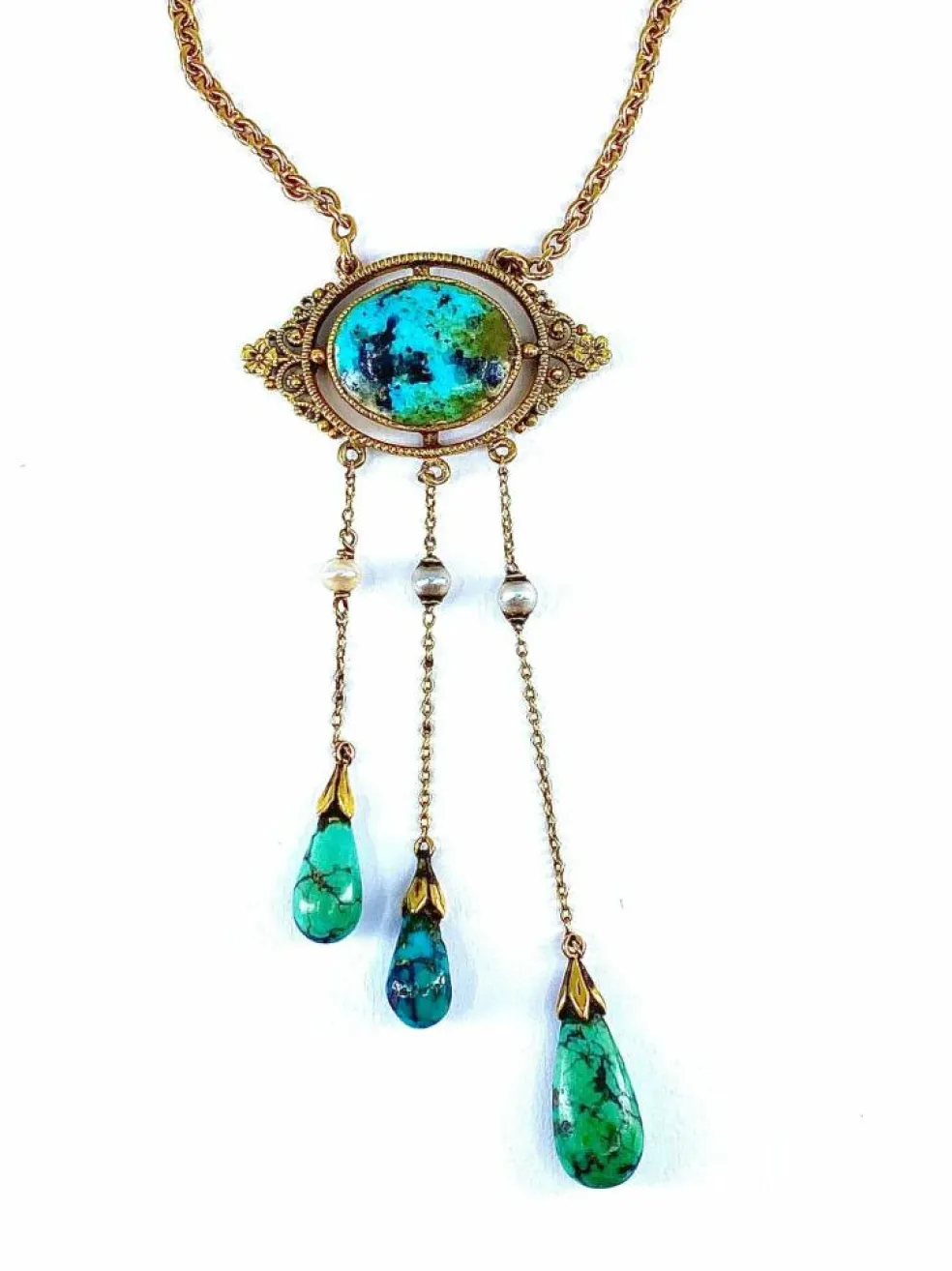 Collier or jaune turquoises et perles fines, époque 1900