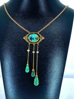 Collier or jaune turquoises et perles fines, époque 1900