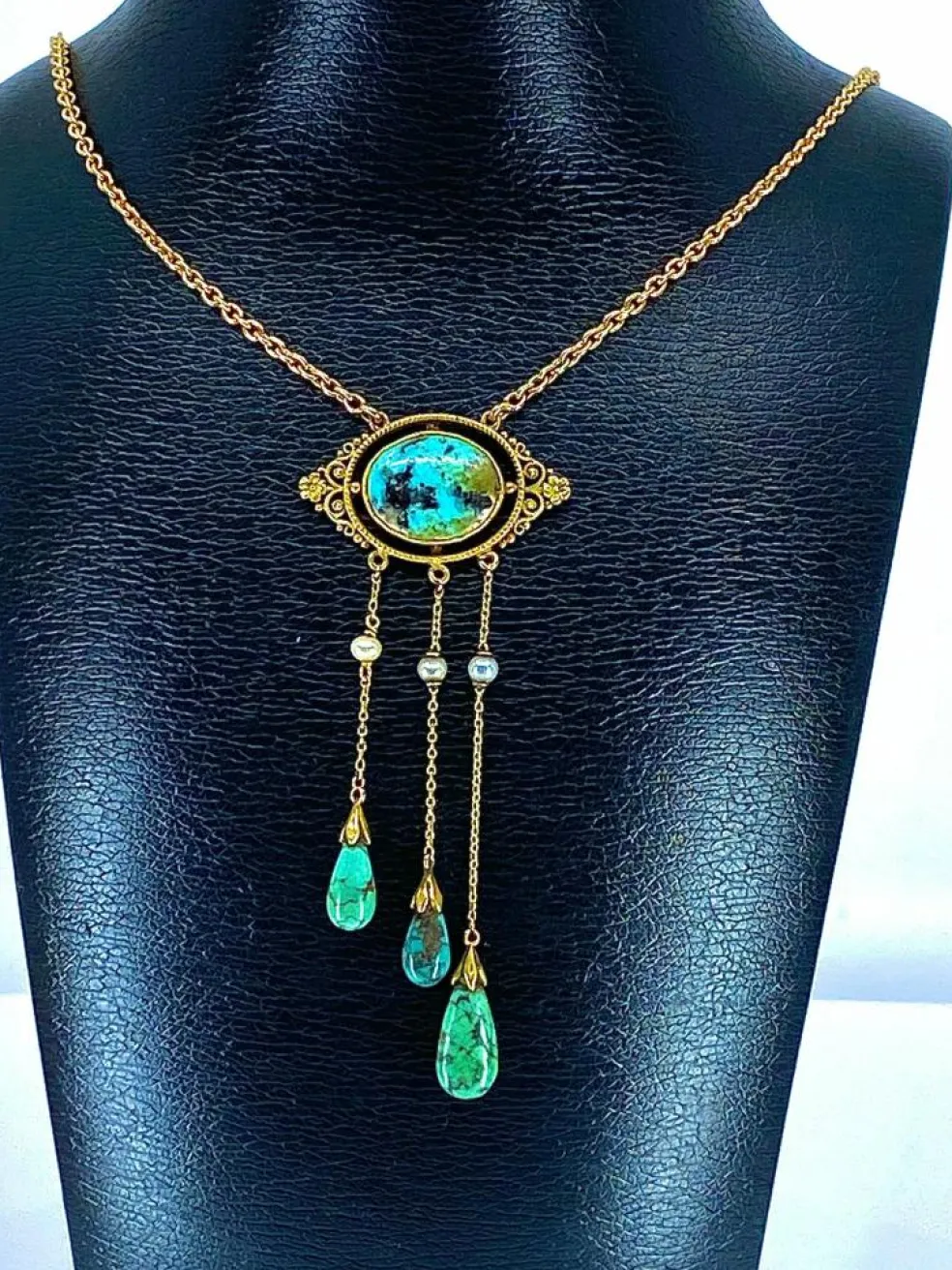Collier or jaune turquoises et perles fines, époque 1900