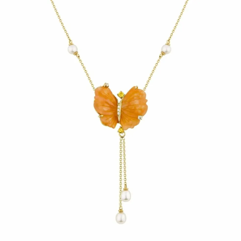 Collier Papillon en or jaune, quartzites pêche tourmalines et diamants