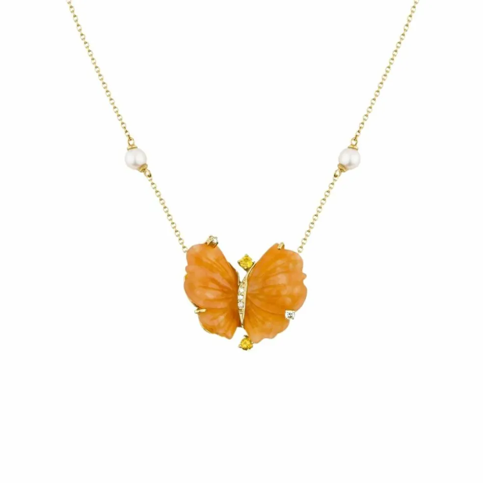 Collier Papillon en or jaune, quartzites pêche tourmalines et diamants