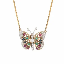 Collier papillon pierres précieuses et diamant, années 60