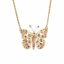 Collier papillon pierres précieuses et diamant, années 60