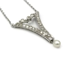 Collier Pendentif - Or blanc diamants & Perle