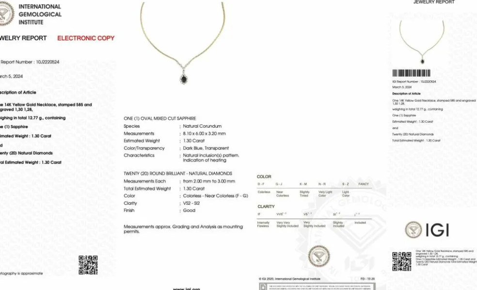 Collier pendentif diamants et saphirs certificat IGI