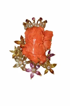 Collier Pendentif Femme Couronnée Corail Et Gemmes