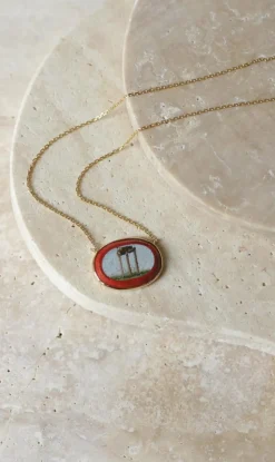 Collier pendentif micro mosaïque temple antique or jaune