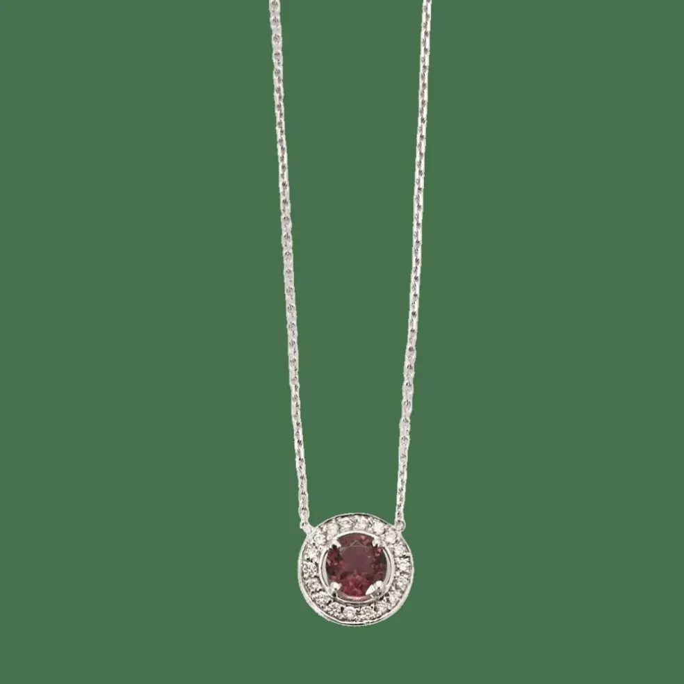Collier pendentif or blanc tourmaline rose diamants en halo