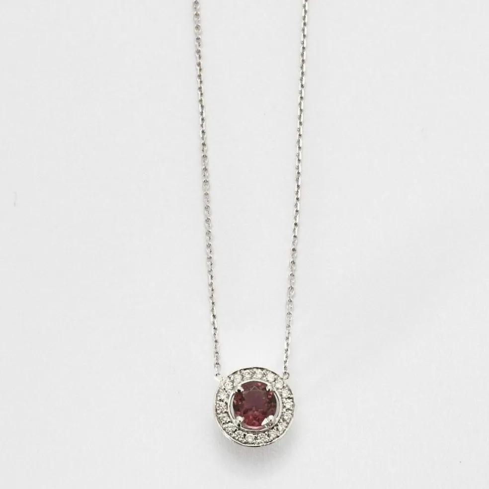 Collier pendentif or blanc tourmaline rose diamants en halo