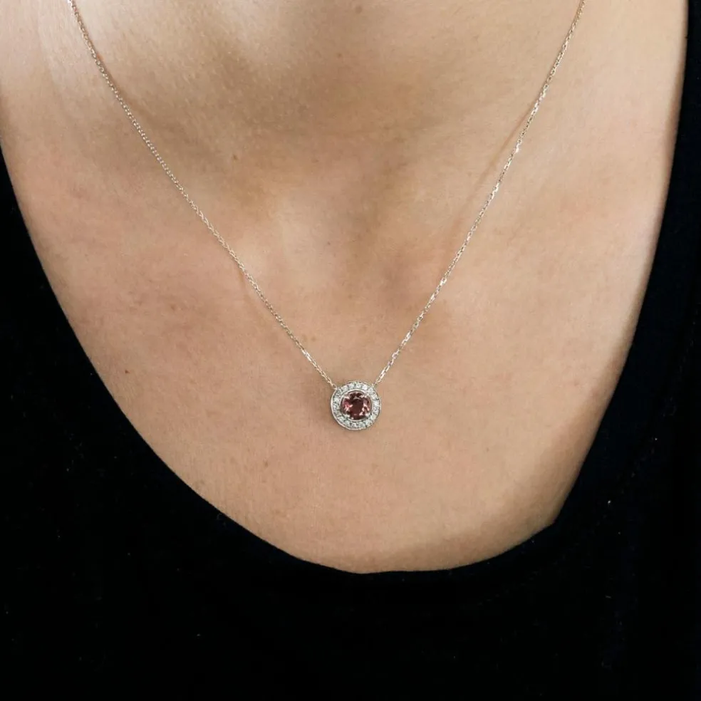 Collier pendentif or blanc tourmaline rose diamants en halo