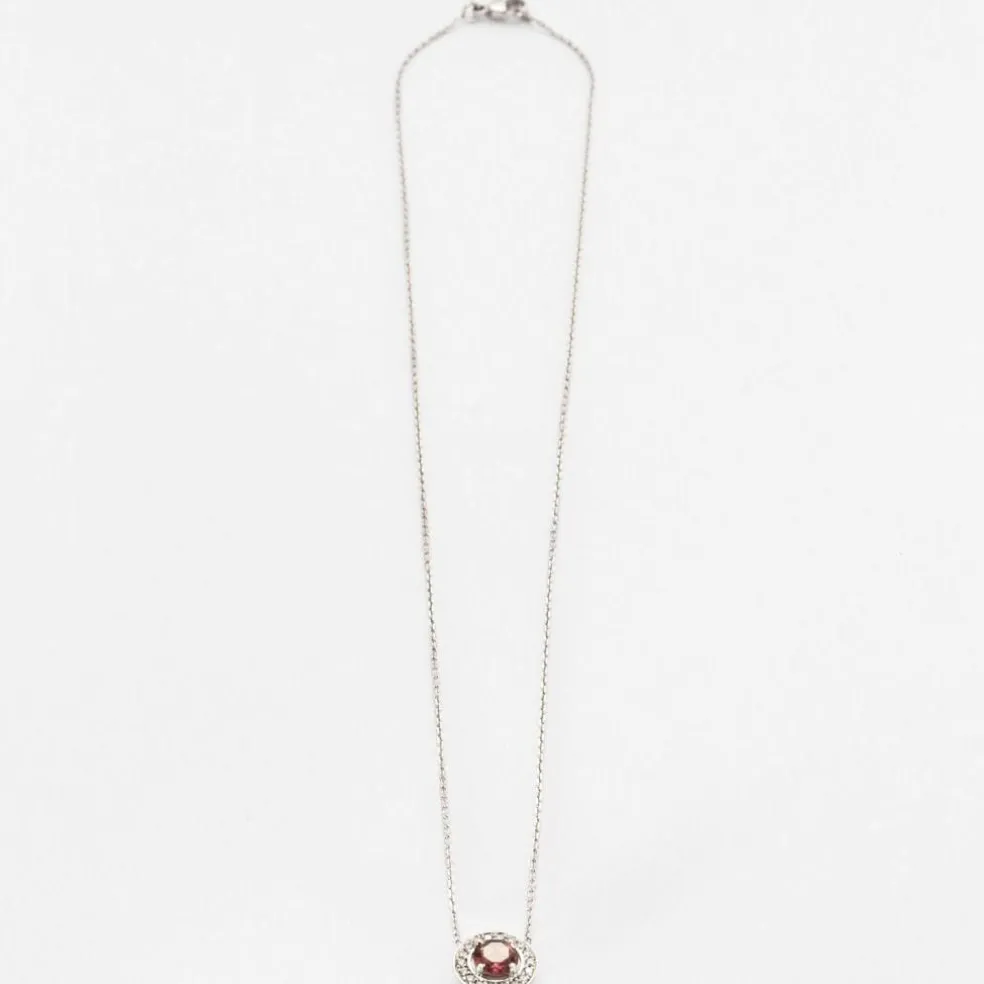 Collier pendentif or blanc tourmaline rose diamants en halo