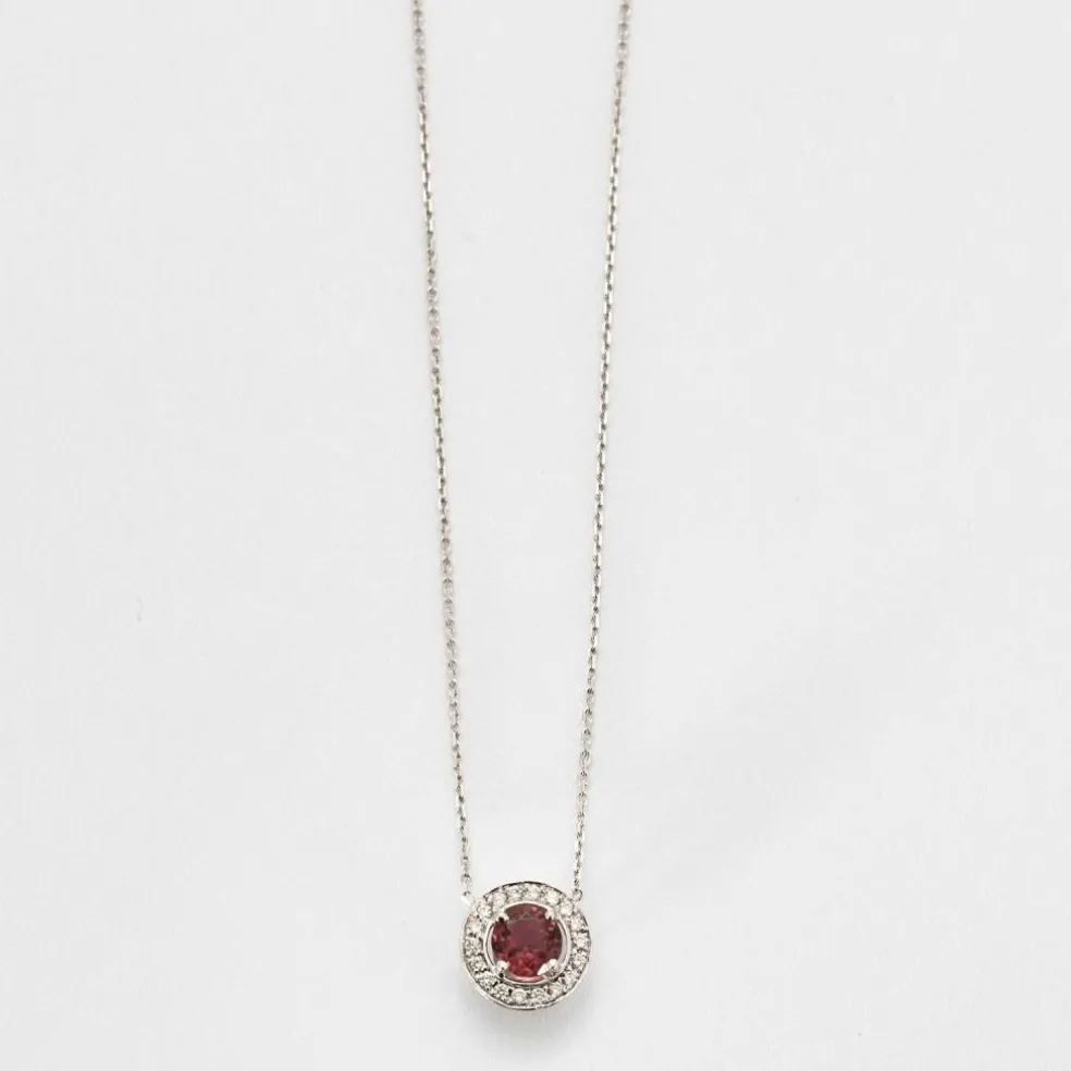 Collier pendentif or blanc tourmaline rose diamants en halo