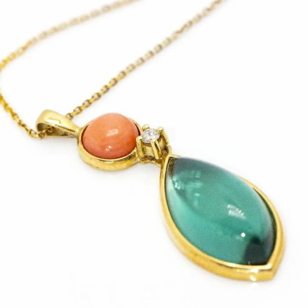 Collier pendentif or, tourmaline et corail