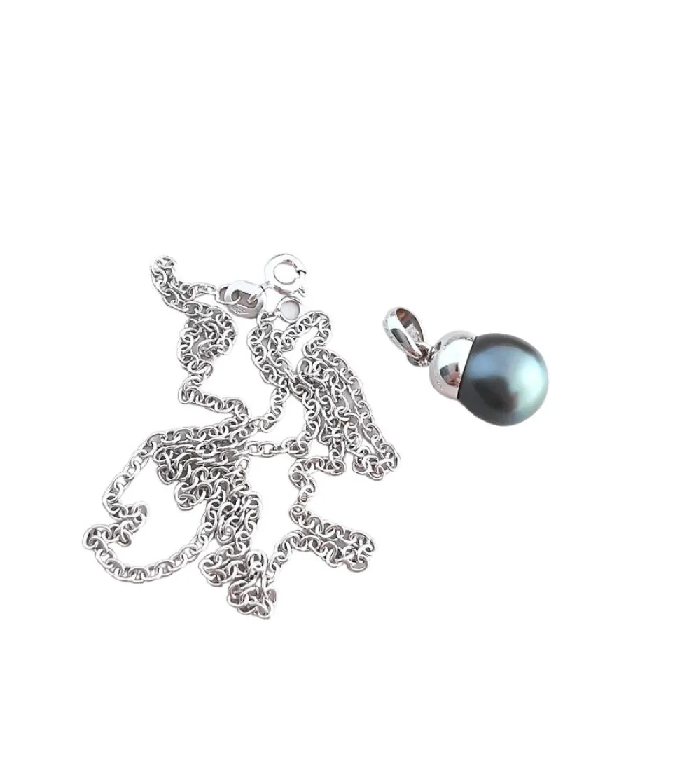 Collier Pendentif Perle de Tahiti grise Or Blanc