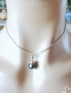 Collier Pendentif Perle de Tahiti grise Or Blanc