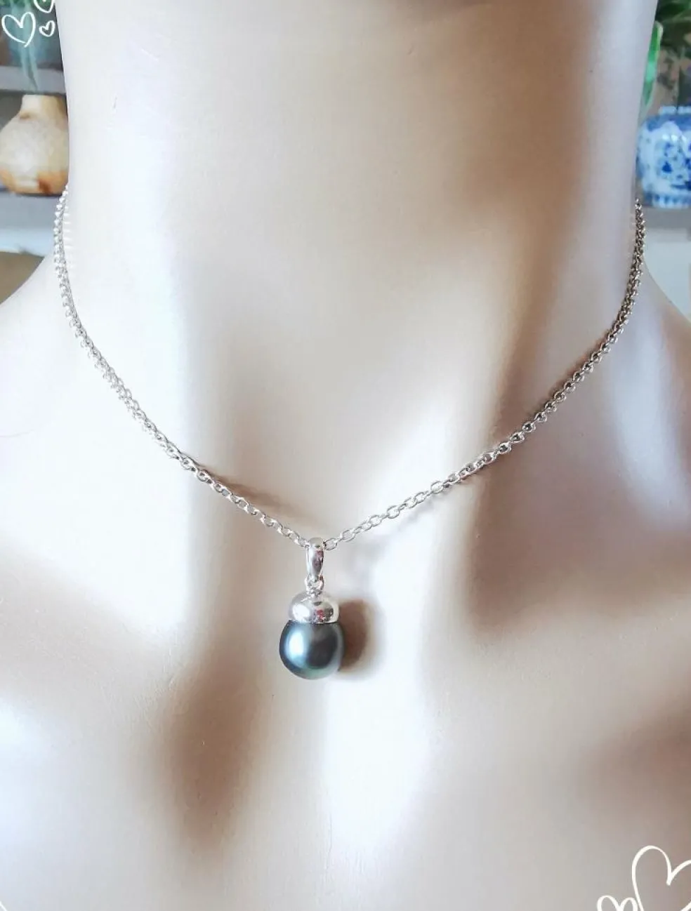 Collier Pendentif Perle de Tahiti grise Or Blanc