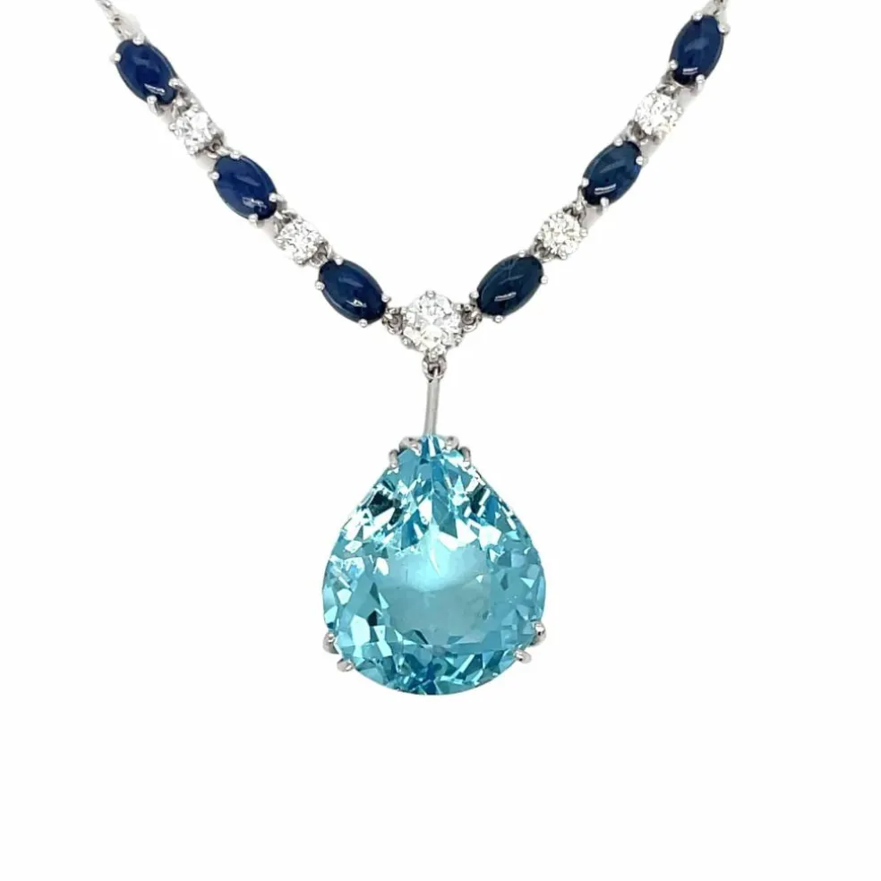Collier pendentif vintage en saphir et diamant aigue-marine 12 carats