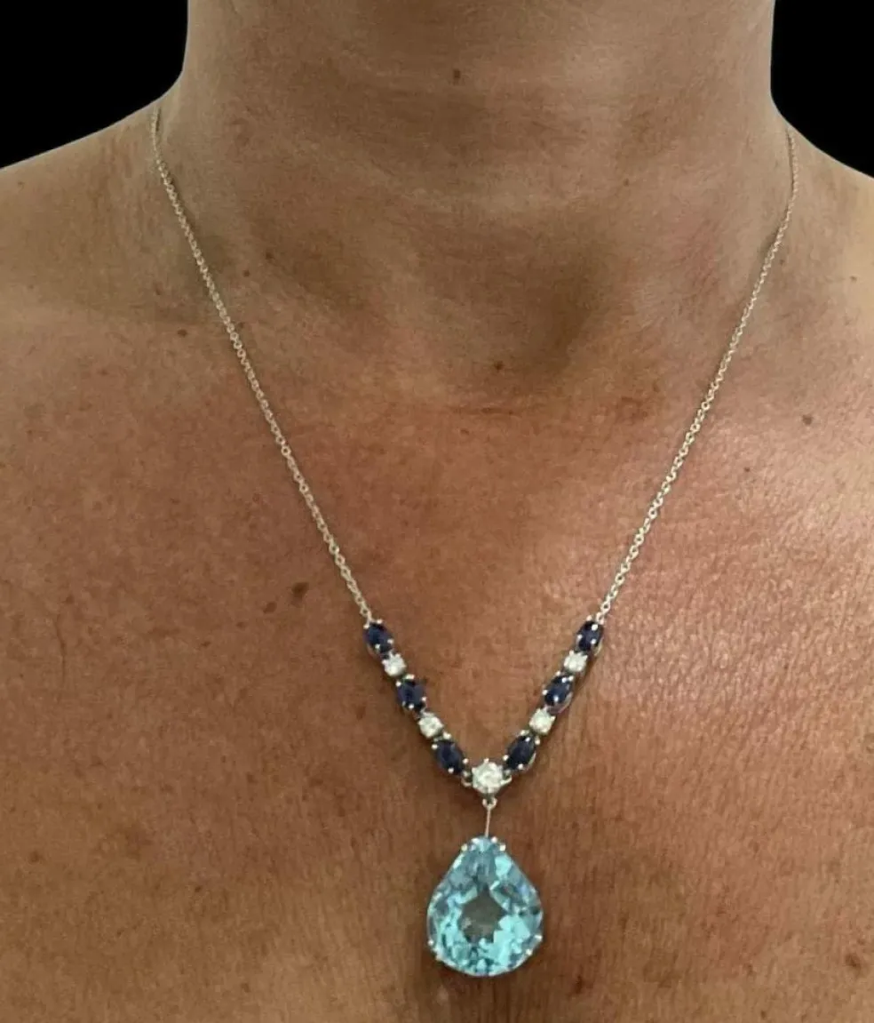 Collier pendentif vintage en saphir et diamant aigue-marine 12 carats