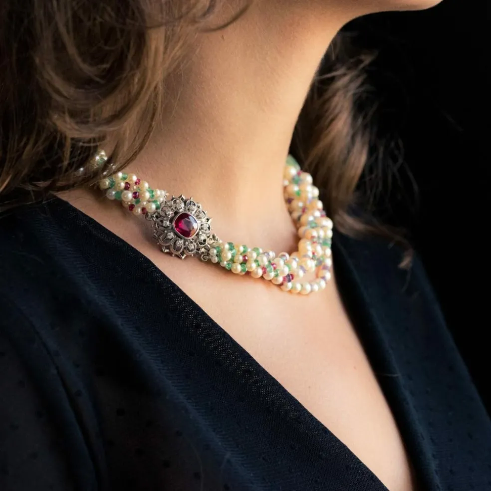 Collier Perles, Emeraudes, Saphirs, Rubis et Spinelles
