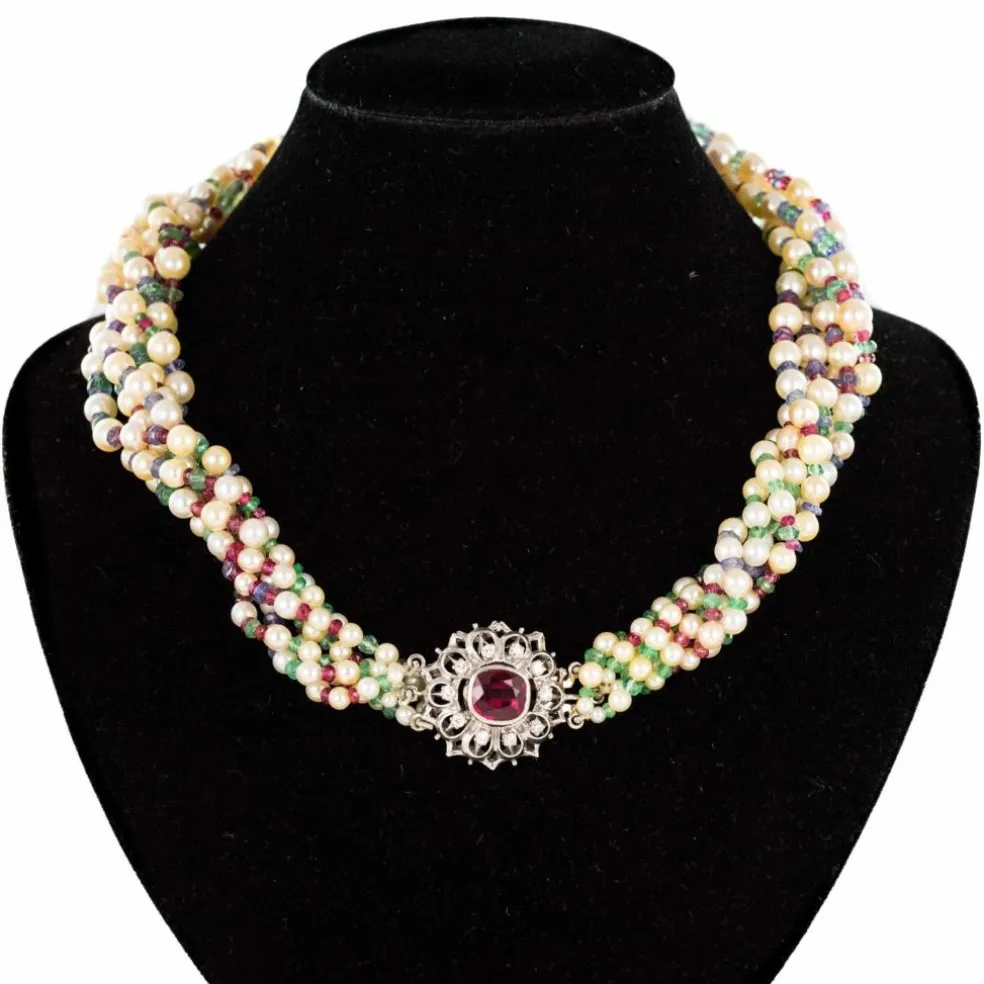 Collier Perles, Emeraudes, Saphirs, Rubis et Spinelles