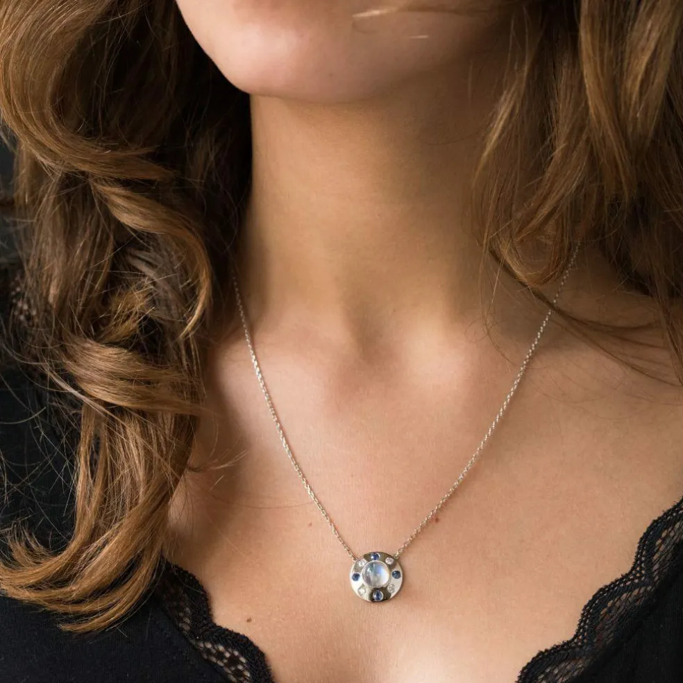 Collier pierre de lune saphirs diamants