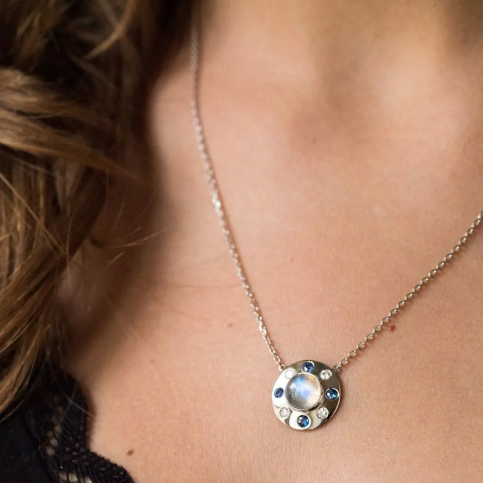 Collier pierre de lune saphirs diamants