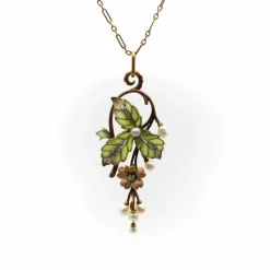Collier Plique-à-Jour en or, diamants et perles