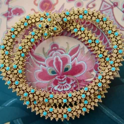 Collier portugais en or 19,2 carats et turquoise de style néo-étrusque