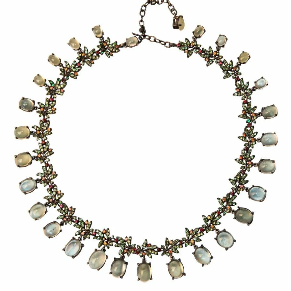 Collier préhnites saphirs oranges et grenats verts
