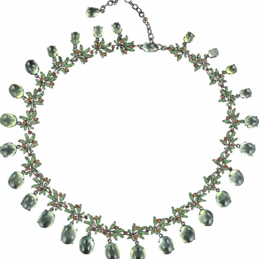 Collier préhnites saphirs oranges et grenats verts