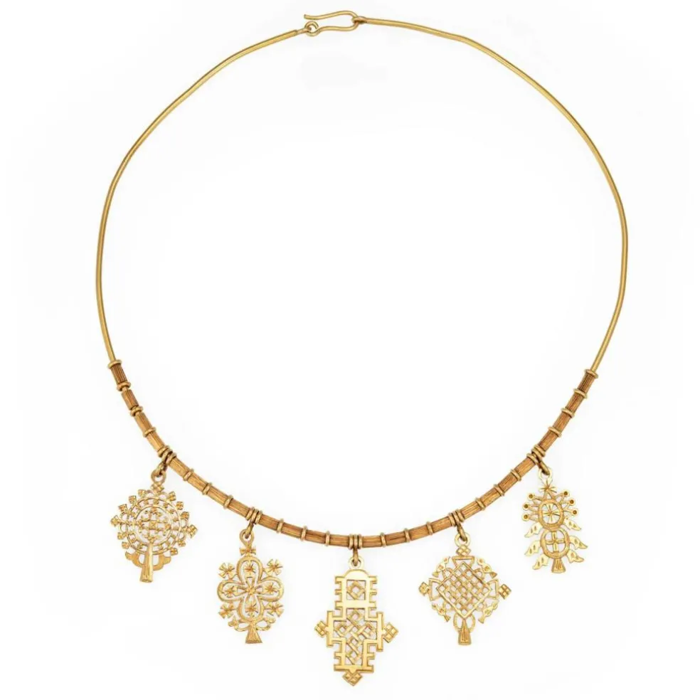 Collier ras de cou en or jaune des années 60 5 médaillons