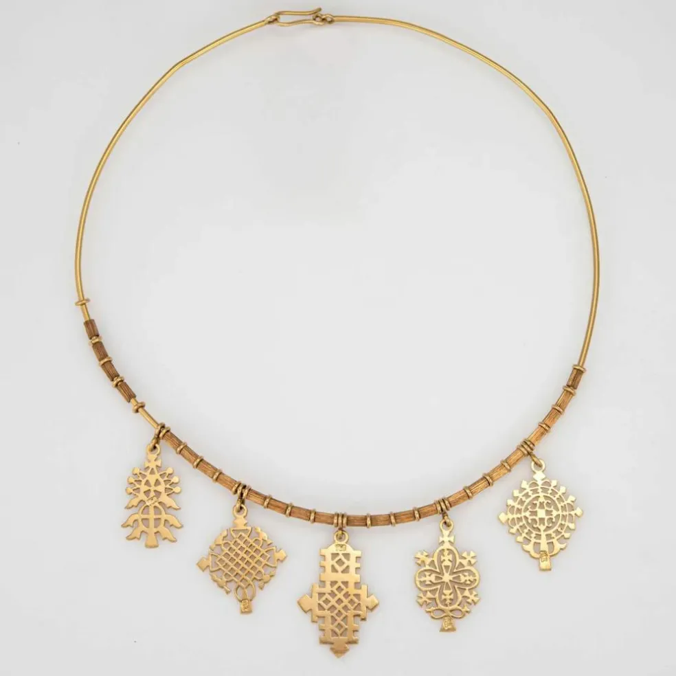 Collier ras de cou en or jaune des années 60 5 médaillons