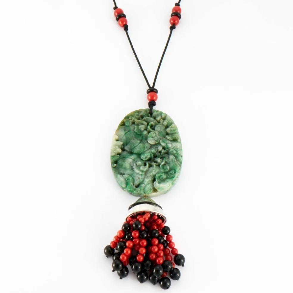 Collier Sautoir Or blanc Jade Corail Onyx