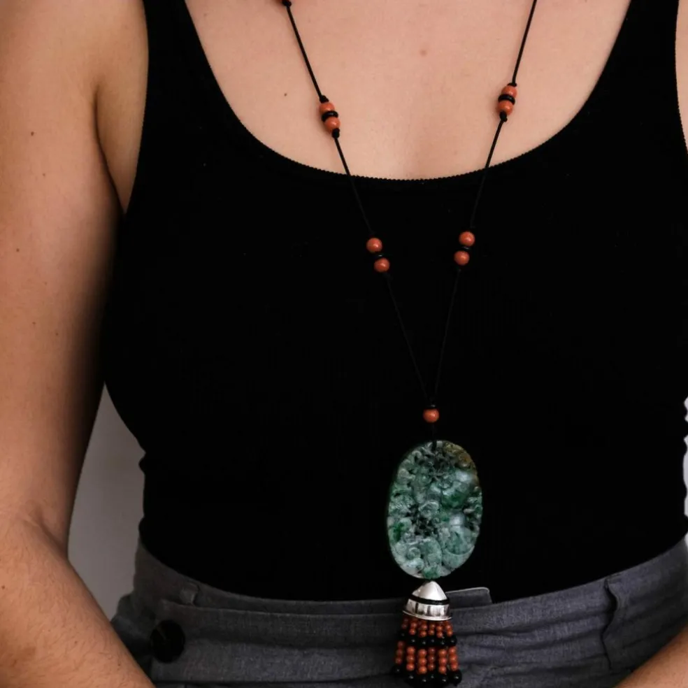 Collier Sautoir Or blanc Jade Corail Onyx