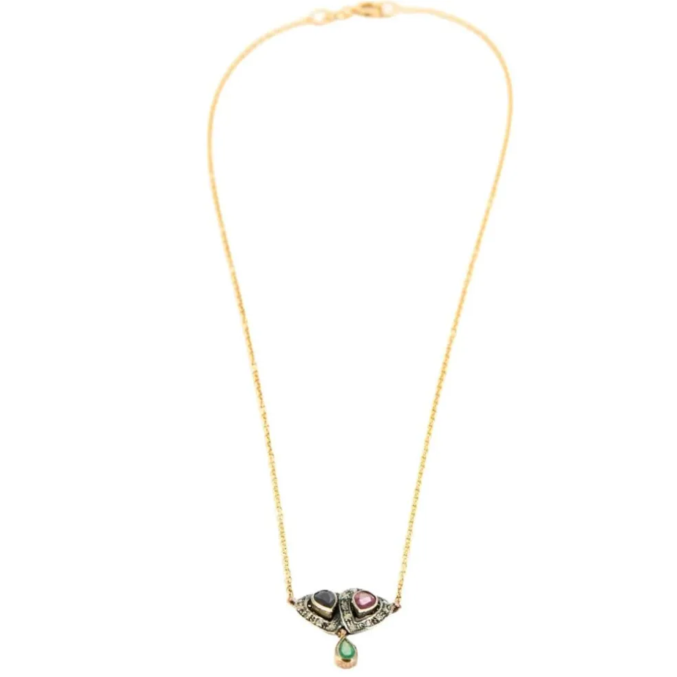 Collier vintage en or, diamants, saphir, rubis et émeraude.