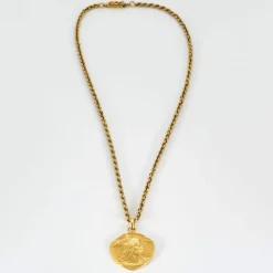 Collier vintage en or jaune 18K : chaine corde avec pendentif médaille Vercingétorix