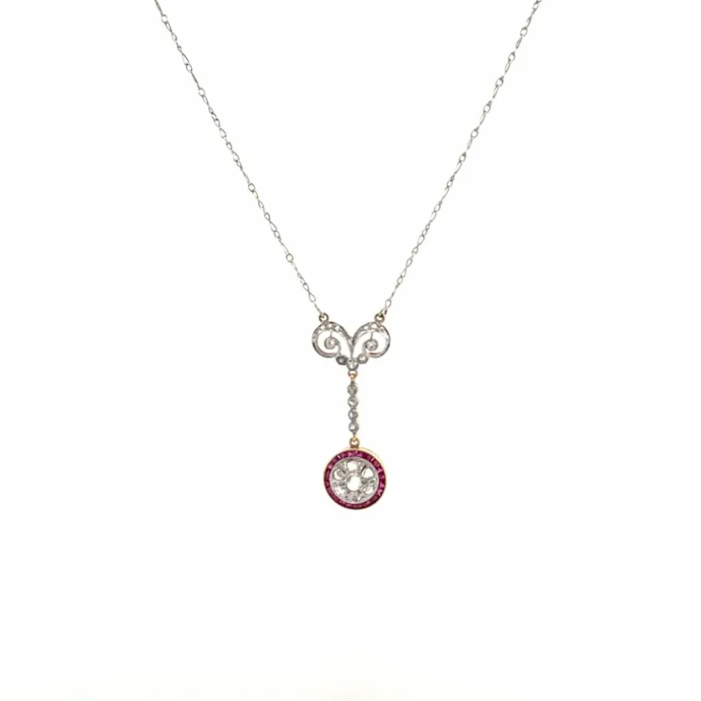 Collier Vintage Or Jaune Diamants & Rubis