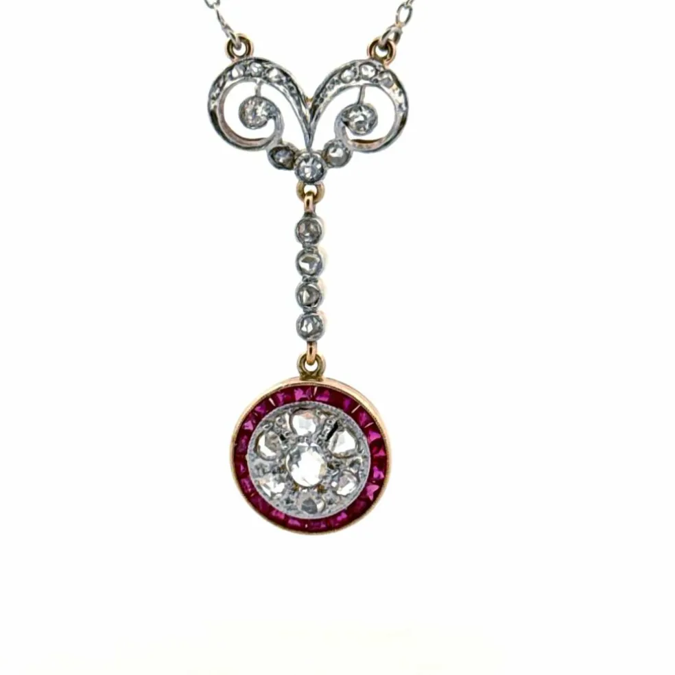 Collier Vintage Or Jaune Diamants & Rubis